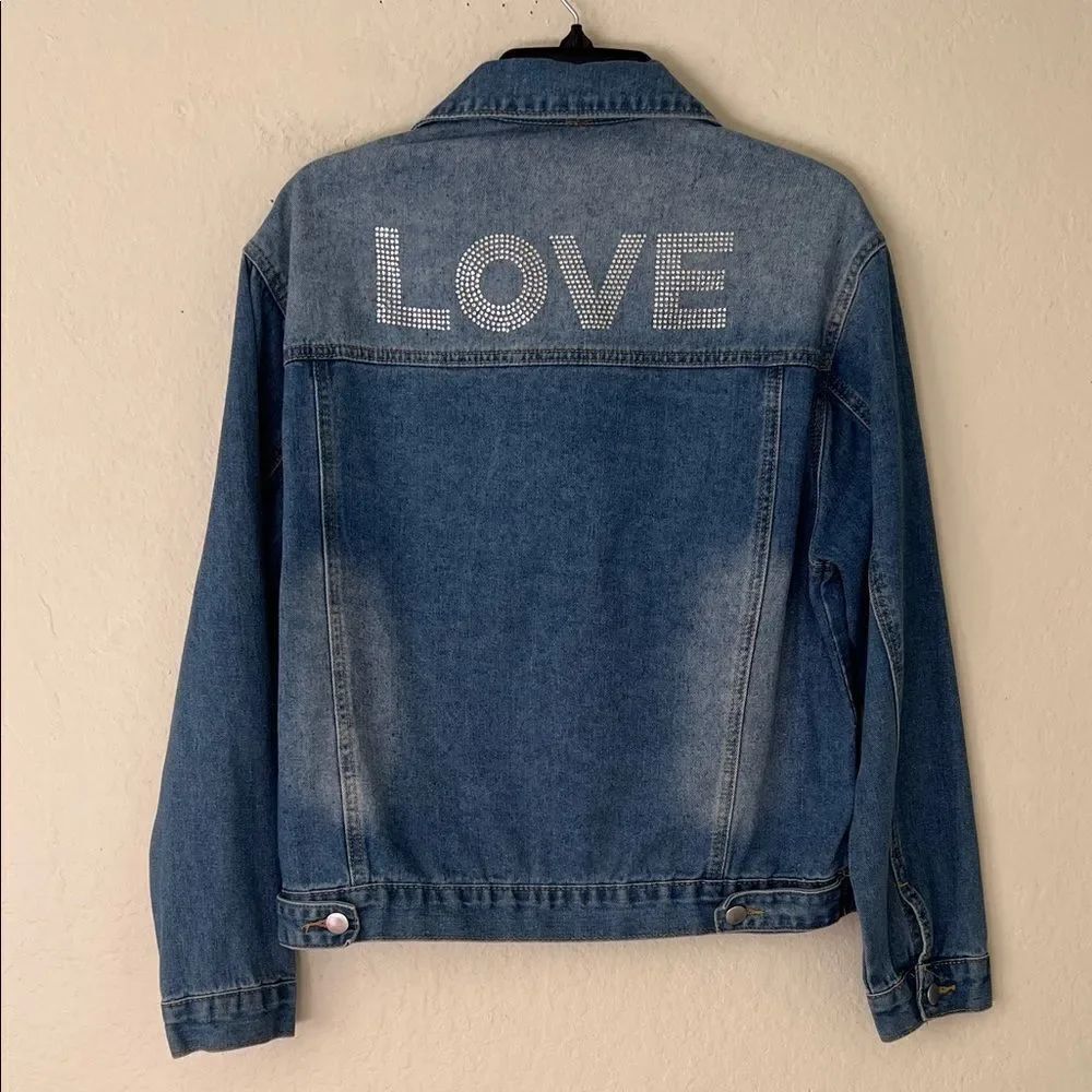 Like New! Blue Denim Jacket with 'LOVE' Embellishment Size and Brand Unknown